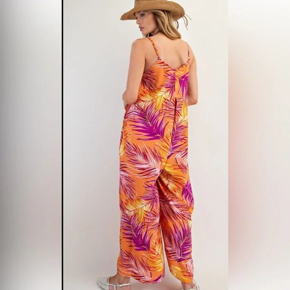 263 🇺🇸 1 left EASEL TROPICAL PRINT WOOL PEACH WIDE LEG JUMPSUIT - Picture 3 of 4